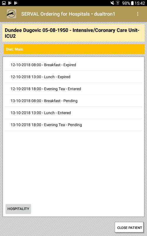 Meal selection screen